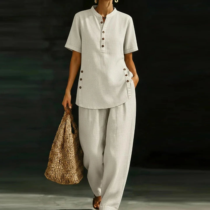Fashion Cotton Linen Short Sleeve O Neck Button Shirt Wide Leg Pants Suit Women Casual Two Piece Sets Summer Office 2PCS