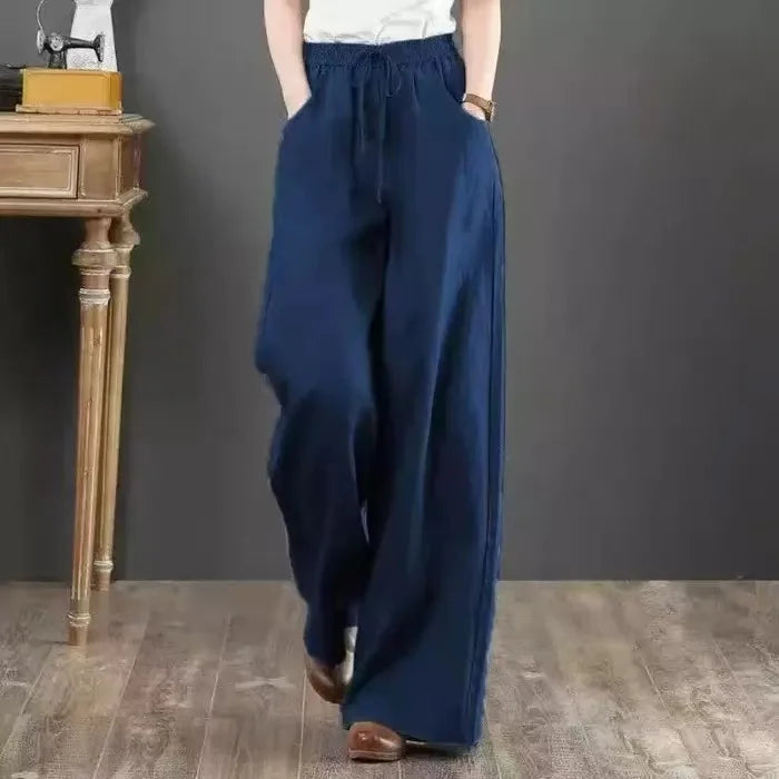 Women Wide Leg Pants Solid Loose Length Pants Cotton Linen Elastic Waist Casual Pants Vintage Mid Waist Pants 5XL