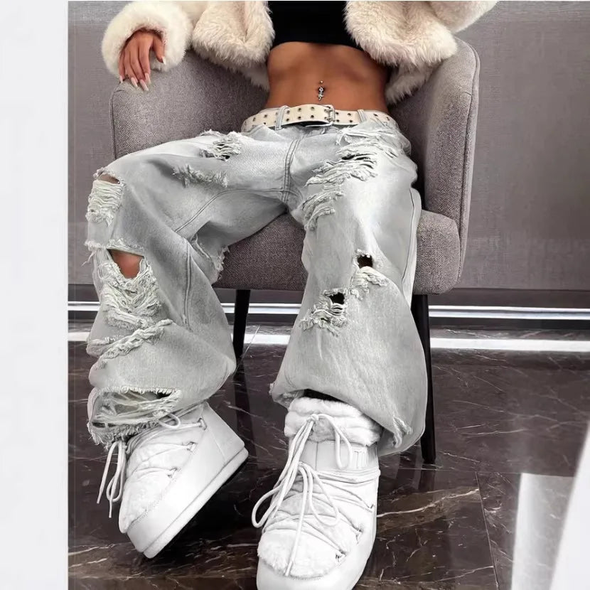Women Jeans Pants American High Street Ripped Straight Wide-Leg Jeans For Women Design Tie-Dye Jazz Dance Cargo Full Thin Jeans