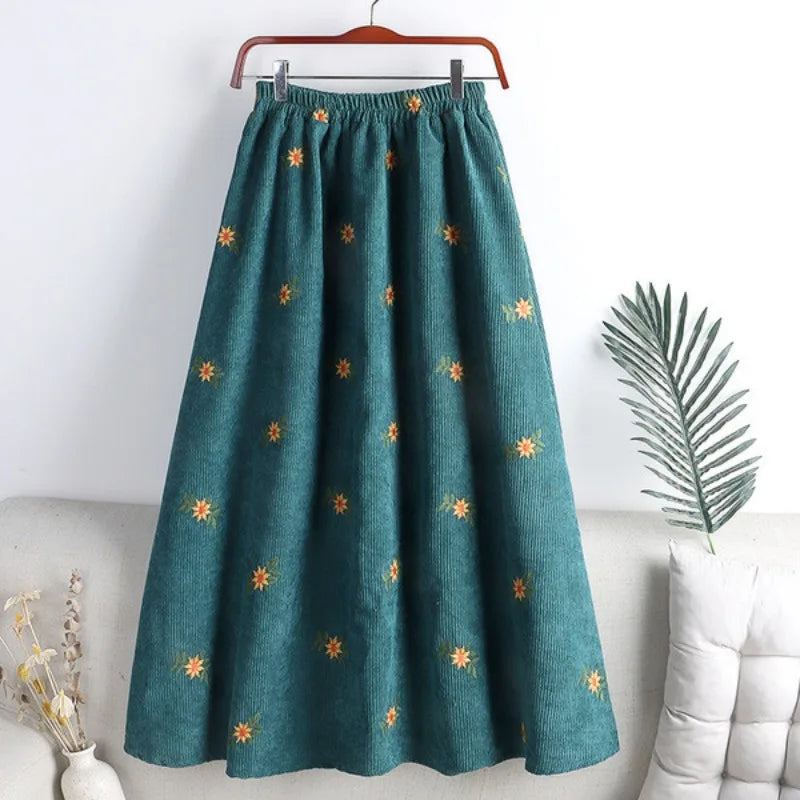 Women Corduroy Embroidered Midi Skirt High Waist Versatile Slim Fit A Line Umbrella Skirt For Autumn Winter