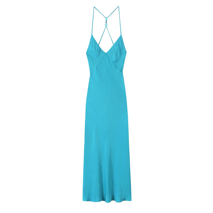 HH Silky Satin Midi Slip Dress Women Summer Deep V Crisscross Back Beaded Spaghetti Strap Long Dress Beach Date Wear