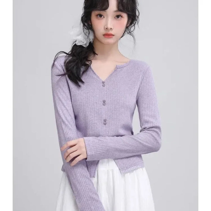 V-neck Long-sleeved Sweater for Women in 2025 Spring and Autumn New Style Slit Hem to Make Them Look Slim and Chic Top