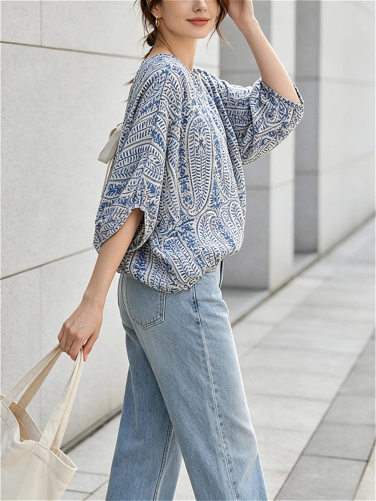 2026 Women Bohemian Linen 2 Piece Set Batwing Sleeve Blouse Wide Leg Pants Loose Casual Office Vacation Women&