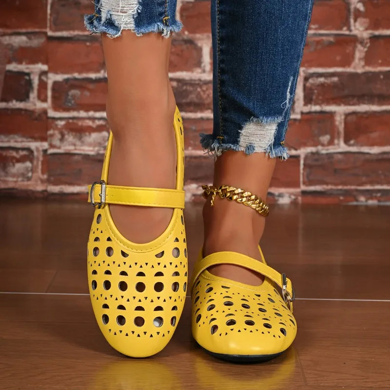 Women Hollow Out Mary Jane Flats Summer Breathable Flat Shoes Buckle Strap Soft Non Slip Sole Daily Walking Ladies Casual Shoes