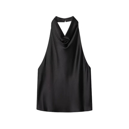 MUJER 2026 Halter Tops for Women Black Satin Backless Top Female Pink Summer Beach Top Woman off Shoulder Camisole Top Women