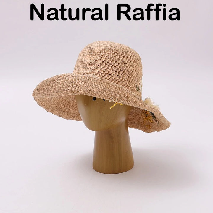 Japanese Raffia Straw Hats for Female Summer Korean Version of The Sunscreen Wide Brim Beach Seaside Vacation Sun Cap Foldable