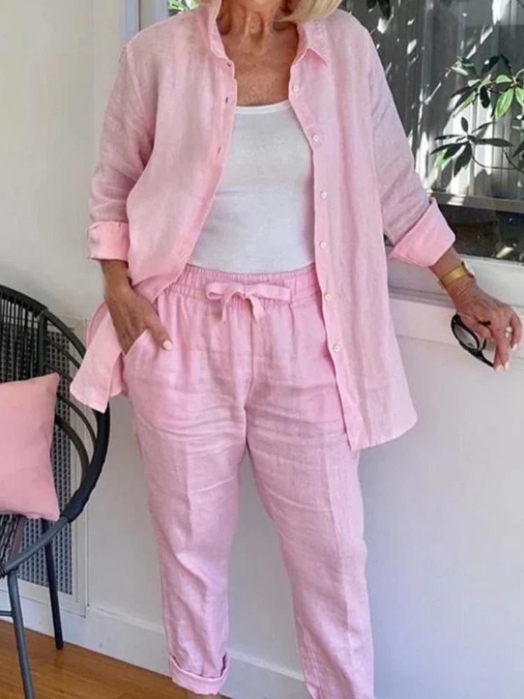 Cotton Linen Set Women Spring Summer Loose Oversize Long Sleeve Shirt Long Pants 2 Piece Sets Casual Office Ladies Trousers Suit