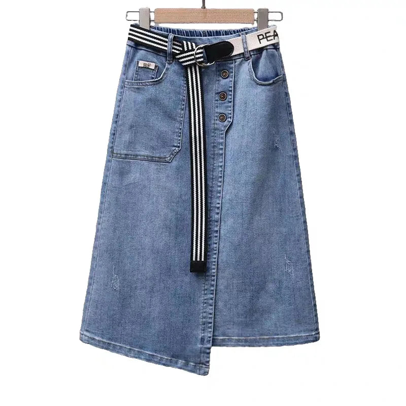 Fashion Asymmetrical Denim Midi Skirt With Belt Women Summer Vintage Jeans Pencil Skirt Elastic Back High Waist Women Midi Skirt