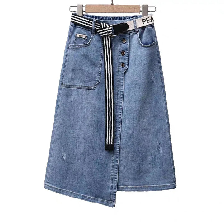 Fashion Asymmetrical Denim Midi Skirt With Belt Women Summer Vintage Jeans Pencil Skirt Elastic Back High Waist Women Midi Skirt