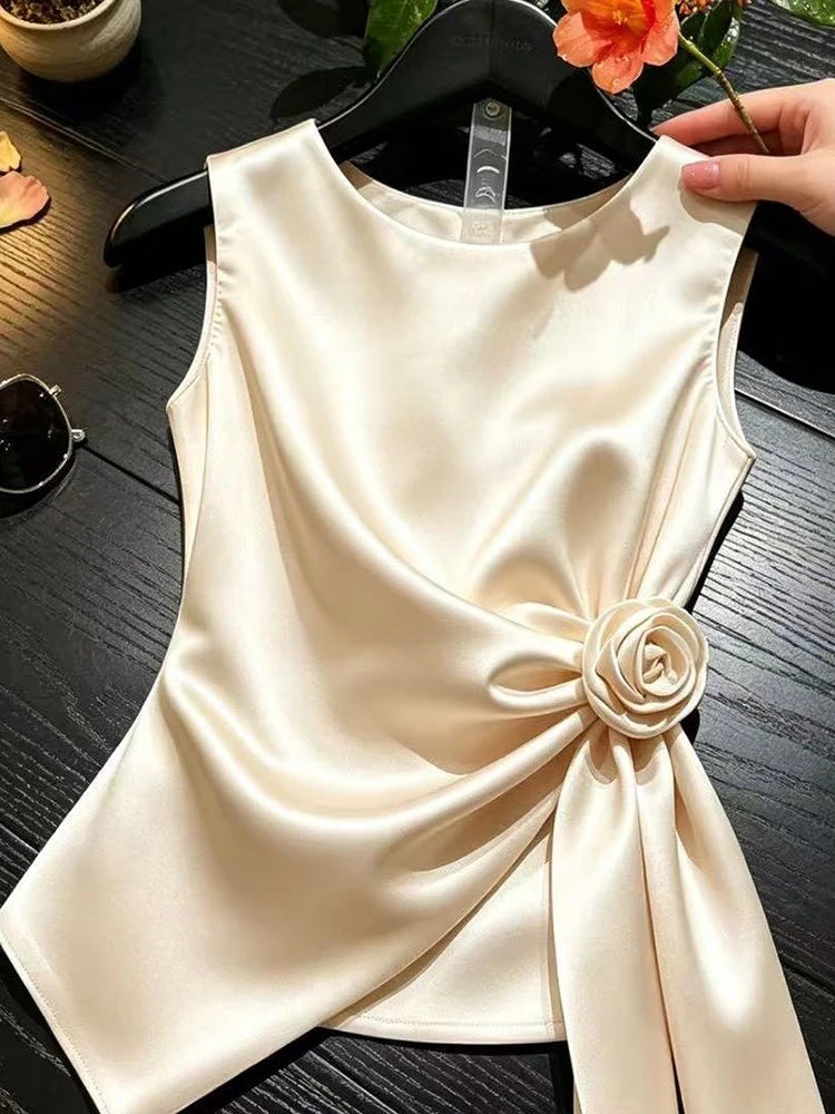 Elegant Chic Satin Tanks Women Slim O Neck 3D Floral Fashion Sexy Tanks Summer Casual Lady Sweet Solid Design Ins Sleeveless Top
