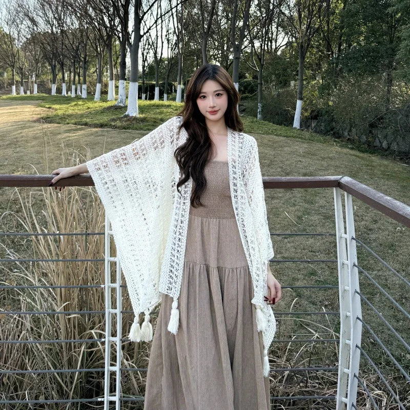Summer Mesh Lace Beach Cover-Up with Tassels Elegant Sun Protection Shawl for Women