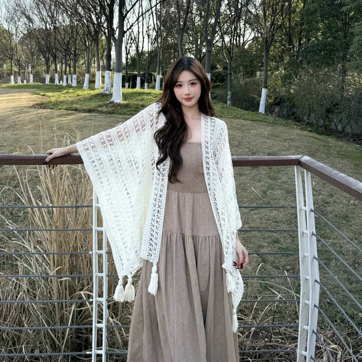 Summer Mesh Lace Beach Cover-Up with Tassels Elegant Sun Protection Shawl for Women