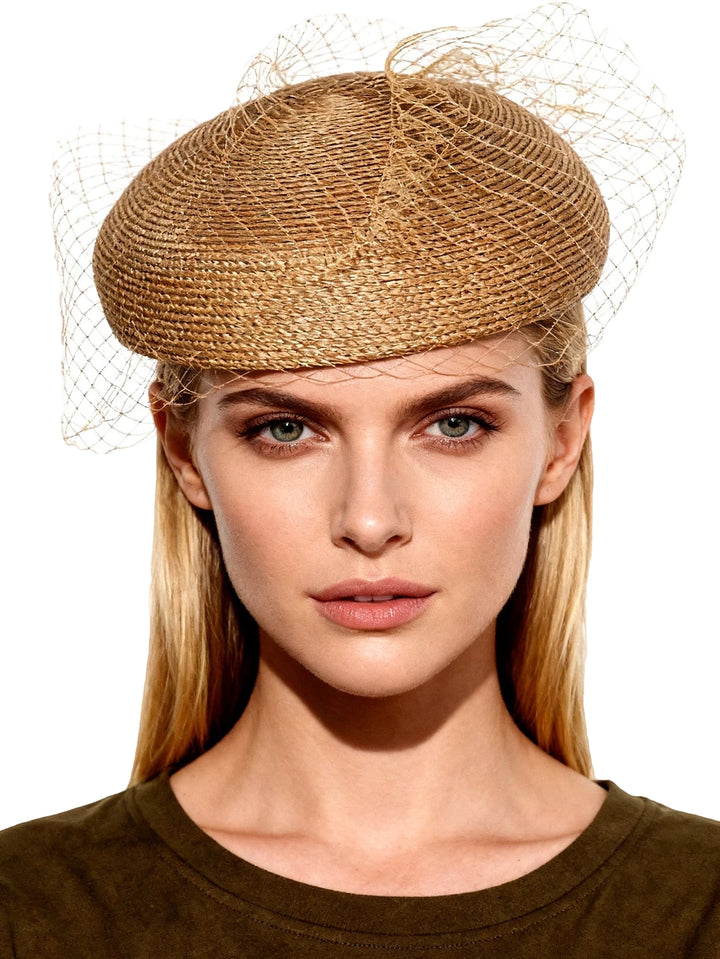 Elegant Champagne Straw Fascinator Hat with Veil for Women - Perfect Accessory for Wedding Church Bridal Tea Party Formal