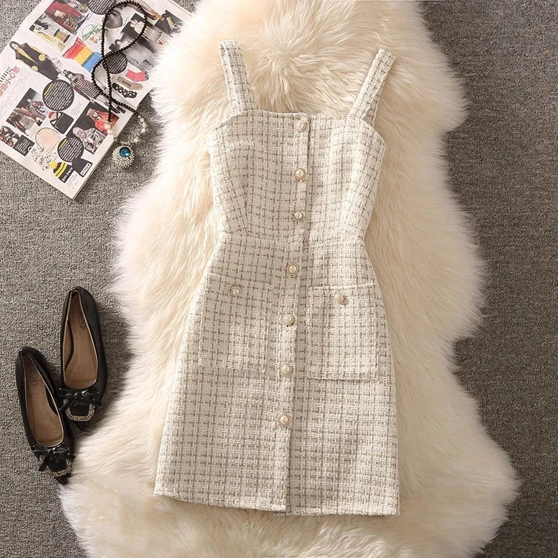 Women Autumn Winter Dress New Small Fragrant Tweed Vest Suspender Woolen Dress Bottom Knitted Sweater Female Two-Piece Set Suit