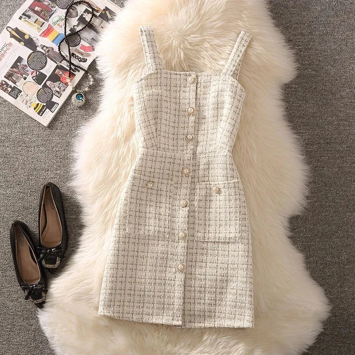 Women Autumn Winter Dress New Small Fragrant Tweed Vest Suspender Woolen Dress Bottom Knitted Sweater Female Two-Piece Set Suit
