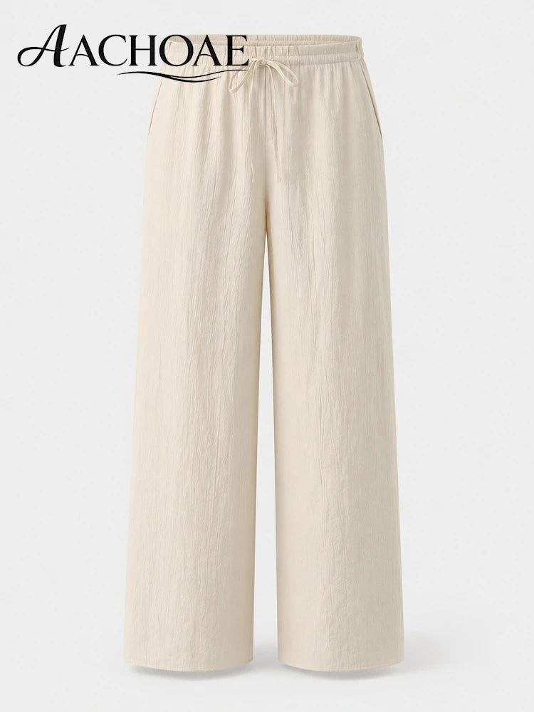 Women Linen Wide Leg Pants Summer Beach Long Pants Casual Drawstring Loose Beach Trousers