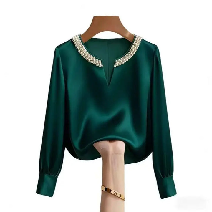 Pearl V-neck Silk Satin Top Women Luxury Elegant Long Sleeve T Shirt Commuter Loose Casual Basic Tees Chic Work Wear