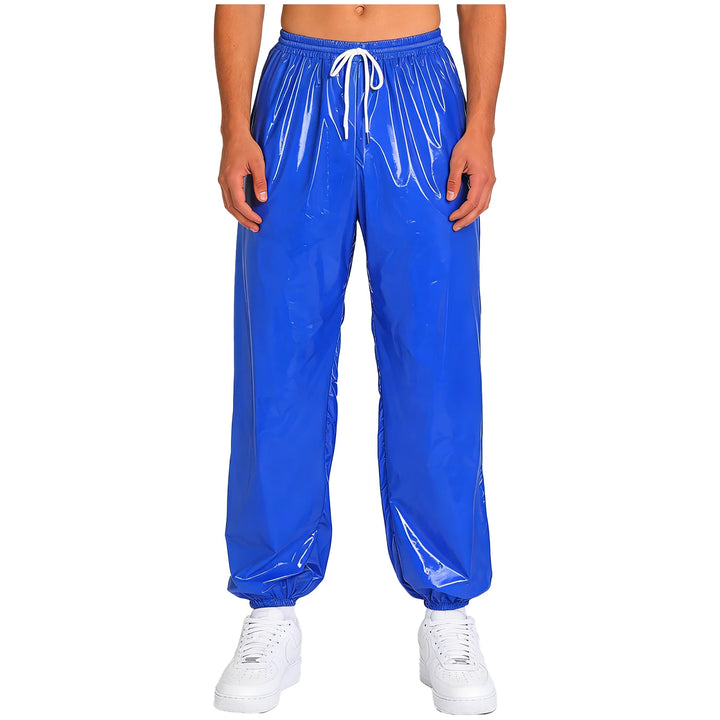 Mens Waterproof Jogger Pants Wet Look Drawstring Elastic Waistband Loose Track Pants Workout Cycling Motorcycle Biker Trousers
