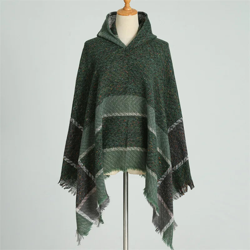 Knitted Imitation Cashmere Poncho Scarf Shawl Hooded Cape Pullover Cloak Scarves Tassels Coat Elegant Casual Outerwear for Women