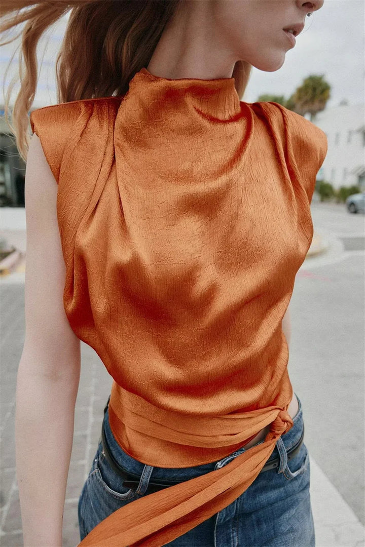 Satin Shawl Collar Sleeveless Crop Top, Women&