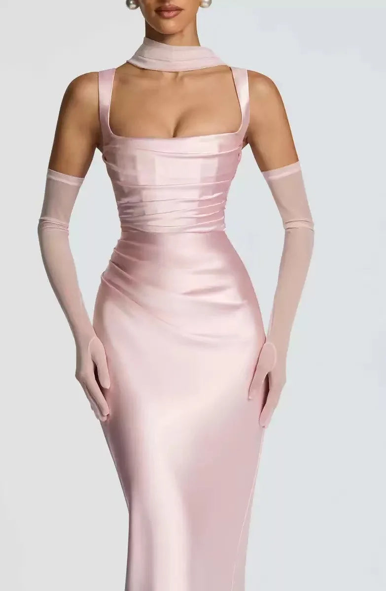 Elegant Women Corset Maxi Dress with Scarf Sexy Prom Gown Party Evening Dress Long Backless Lady Verstidos Chic Wedding Dress