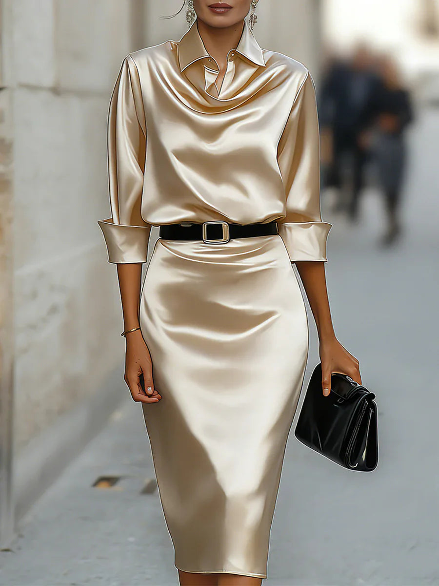 Satin Cowl Neck Collar Midi Dress Women Elegant Long Sleeve Belted Bodycon Party Dress