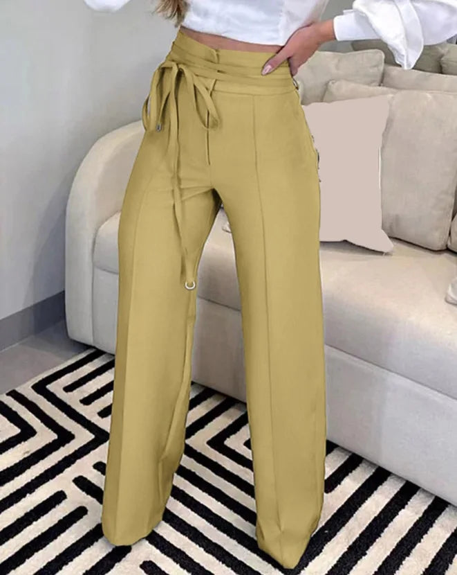 Women Fashion Tied Detail Straight Leg Work Pants Khaki Female High Waist Office Lady Elegant Long Trousers 2023 Autumn Clothing