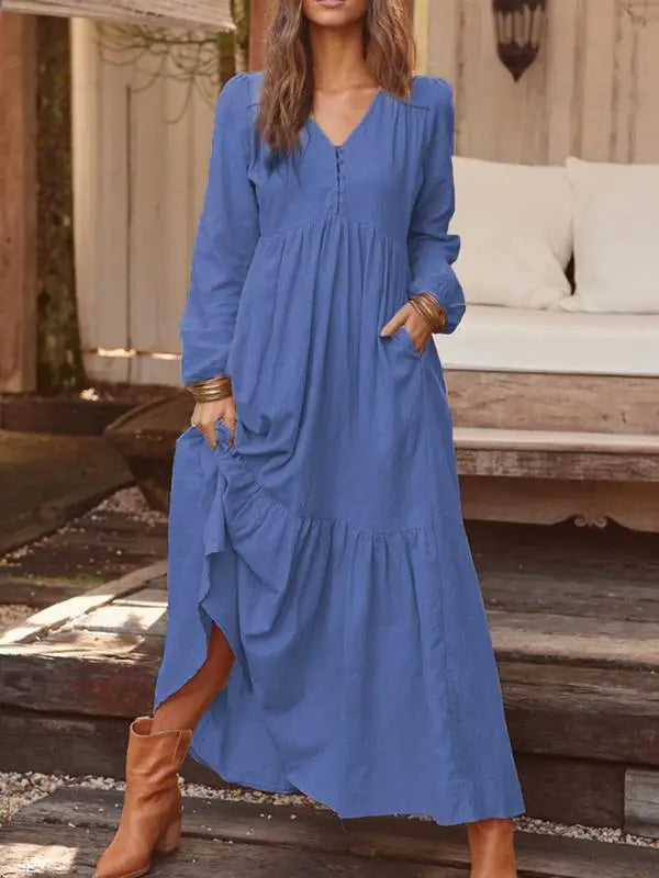 Cotton And Linen Vintage Style Long Dress For Women Casual V Neck Long Sleeve Loose Maxi Dresses Female Elegant Women&