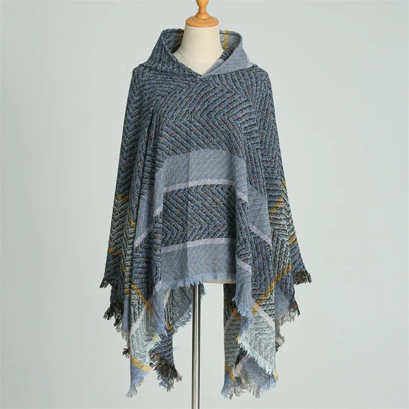 Knitted Imitation Cashmere Poncho Scarf Shawl Hooded Cape Pullover Cloak Scarves Tassels Coat Elegant Casual Outerwear for Women