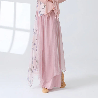Women 2 Layers Dance Trousers Gauze Print Chiffon Culottes Flowy Skirt Pant Loose Wide Leg Modern Hanfu Elegant Practice Clothes