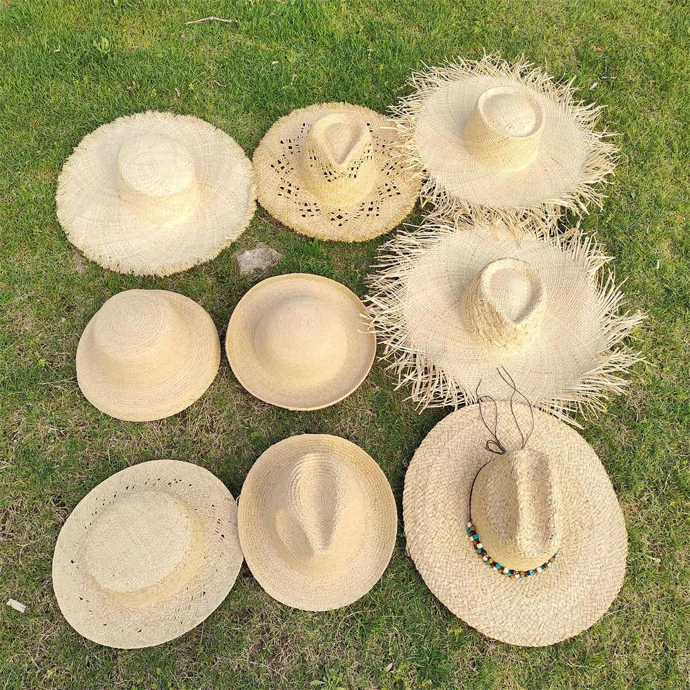 Large Brim Straw Hat Raffia Hand-woven Pattern Straw Hat Sun Protection Beach Sun Hat Women&