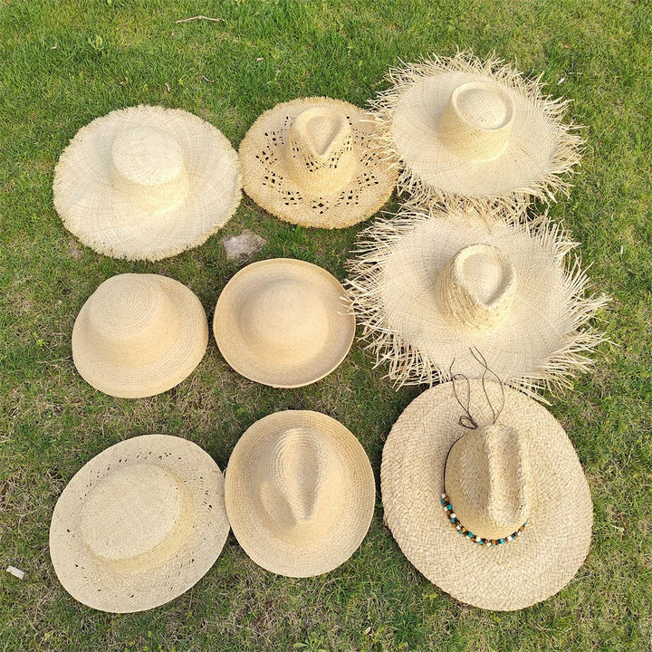 Large Brim Straw Hat Raffia Hand-woven Pattern Straw Hat Sun Protection Beach Sun Hat Women&