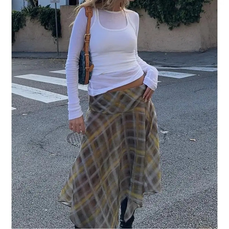 Summer Midi Skirts for Women Side Zipper Low Waist Y2k Vintage Graphic Tie-dye Plaid Print Irregular Ruffle Hem Skirt