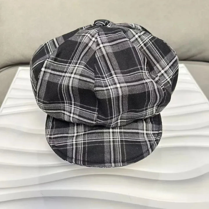 Black White Plaid Newsboy Cap for Women Men Vintage Baker Boy Hat Gatsby Cabbie Flat Cap Retro Beret