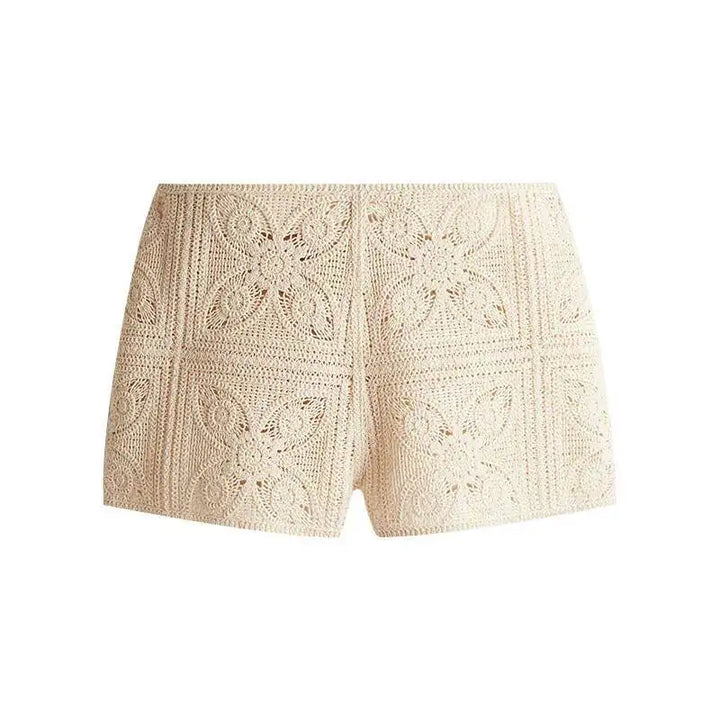 Knit Hollow Out 2 Piece Sets Woman Outfit Elegant Crochet Single-breasted Lapel Top High Waist Shorts Lady Suit Commuting J5VX