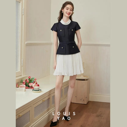 LOUISYAO Elegant Pleated Midi Dress 2026 Spring Short Sleeve Slim Fit Premium Chic Long Dress for Women