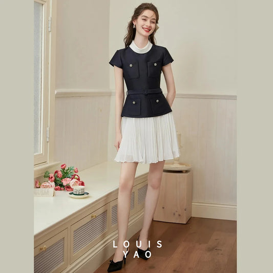 LOUISYAO Elegant Pleated Midi Dress 2026 Spring Short Sleeve Slim Fit Premium Chic Long Dress for Women