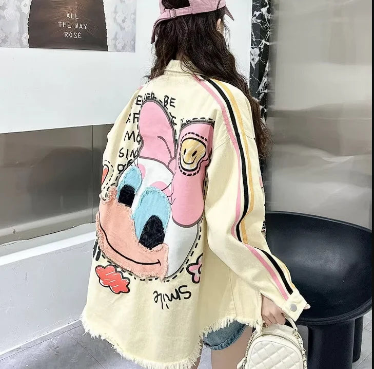 European and American Fashion Brand Outerwear with Cartoon Print Embroidery and Patchwork, Fashionable Loose Jacket 2026