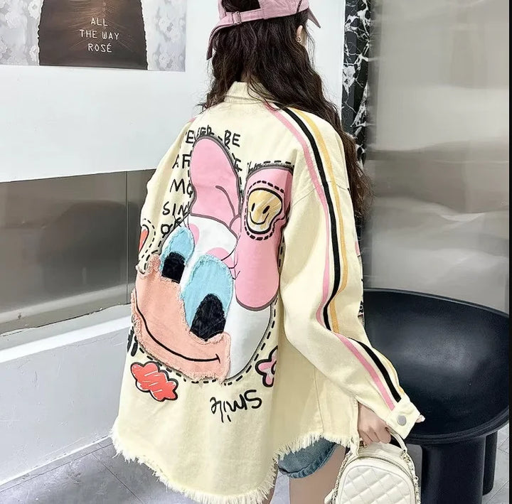European and American Fashion Brand Outerwear with Cartoon Print Embroidery and Patchwork, Fashionable Loose Jacket 2026