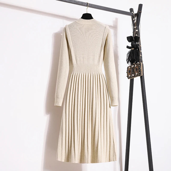 Fall Winter Knitted Solid Sweater Dresses For Women Fashion Elegant Long Sleeve Pullover Knitwears Maxi Dresses Koeran Vestidos