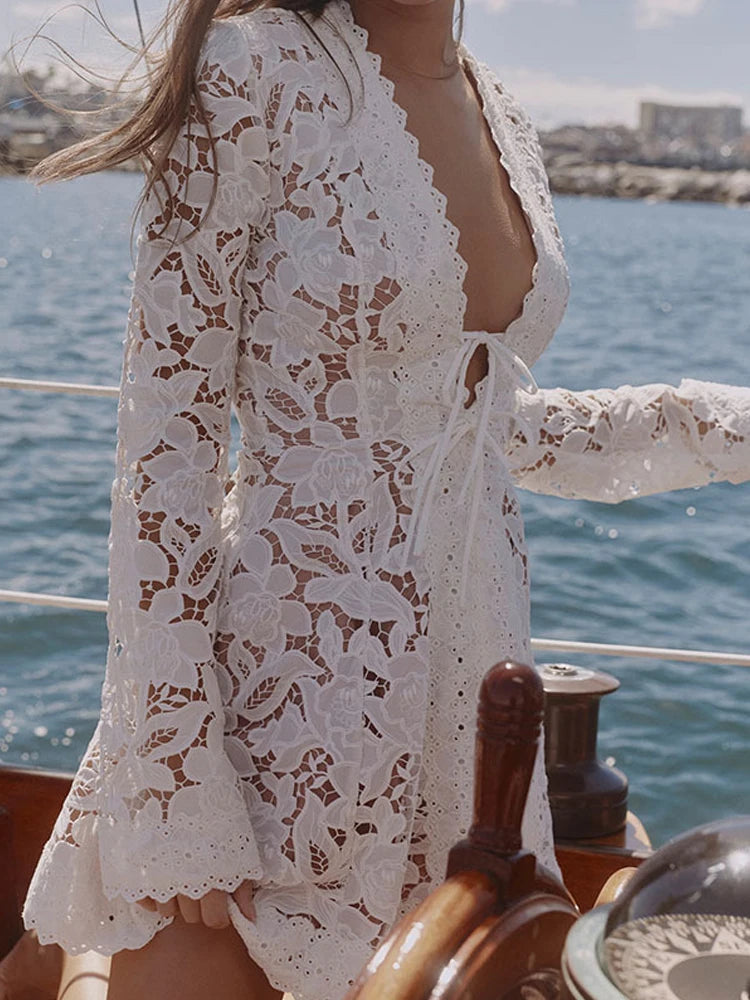 V-neck Long Sleeve Sexy White Short Dress Lady Fashion Hight Waist Tie-Up Party Dress Elegant Lace Embroidery Hollow Beach Dress