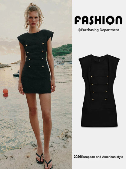 Summer New Women's Sleeveless round Neck Padded Shoulder Rope Knot Dress Short Dress Formal Occasion Party Wear Other 100%