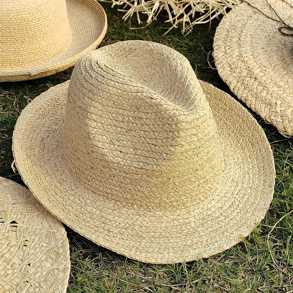 Large Brim Straw Hat Raffia Hand-woven Pattern Straw Hat Sun Protection Beach Sun Hat Women&