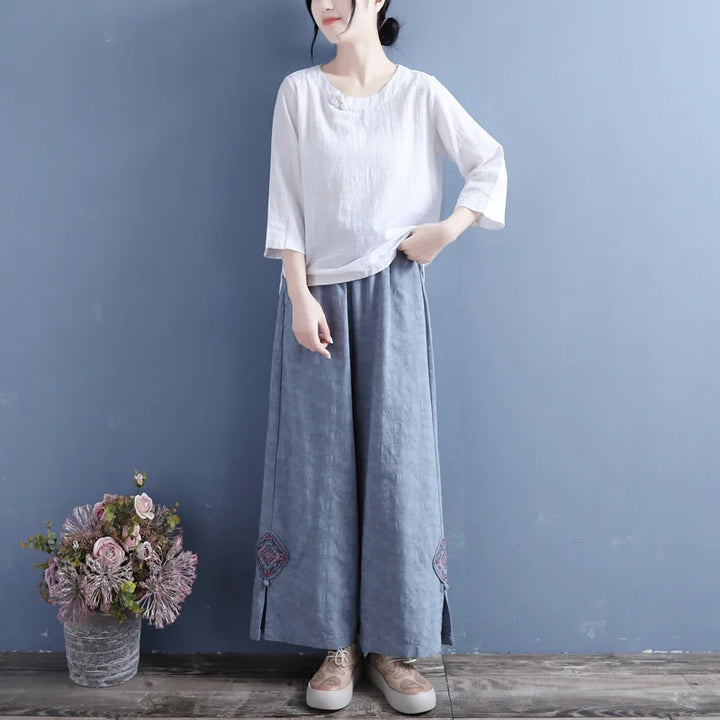 Women Linen Wide Leg Pants Elastic Waist Embroidery Patch Split Hem Loose Casual Ankle Trousers