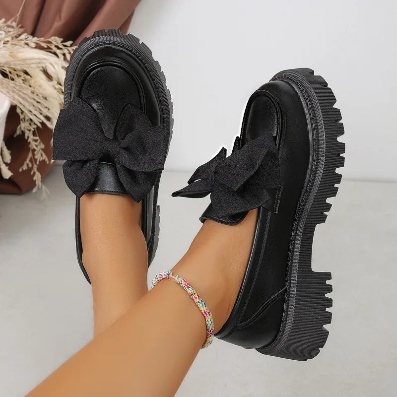 Women British Style Loafers bowknot Chunky Heel Leather Flats Autumn Slip-On Shoes Versatile Work Shoes Platform Oxford Shoes