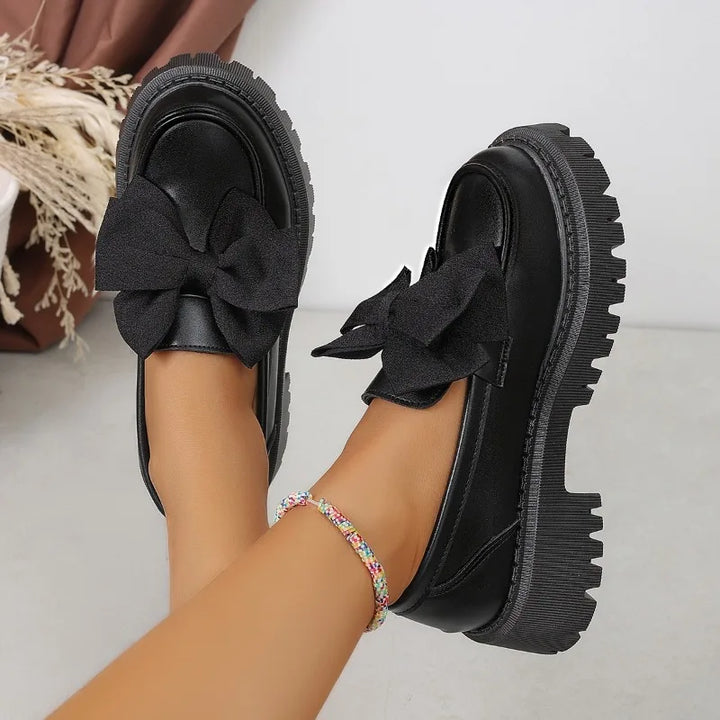 Women British Style Loafers bowknot Chunky Heel Leather Flats Autumn Slip-On Shoes Versatile Work Shoes Platform Oxford Shoes