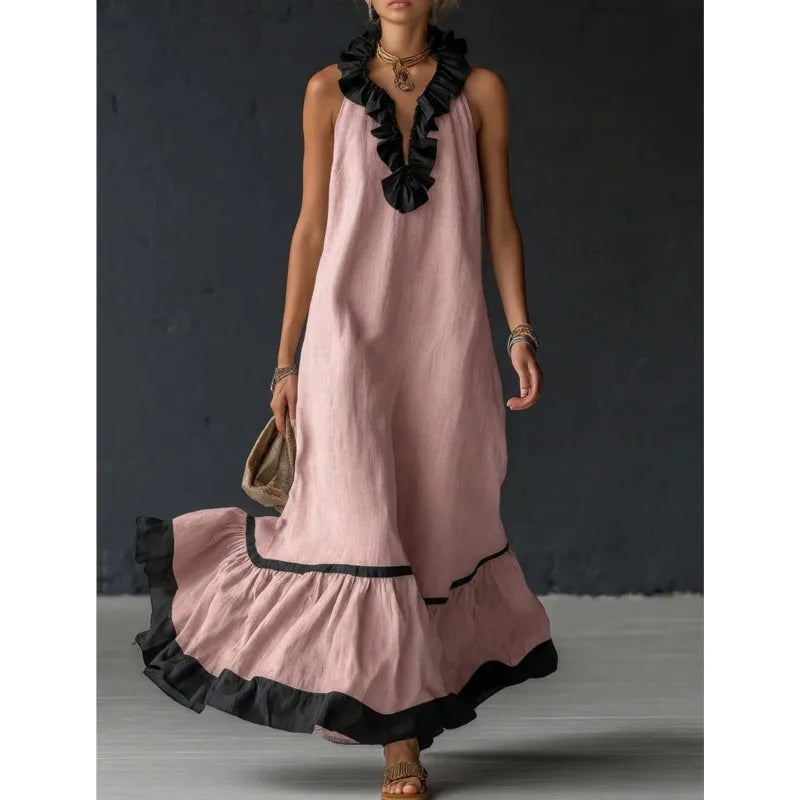 Fashion Patchwork Maxi Dress for Woman V Neck Stringy Selvedge Ruffle Flowy Long Dresses 2026 Summer Beach Vacation Sundress