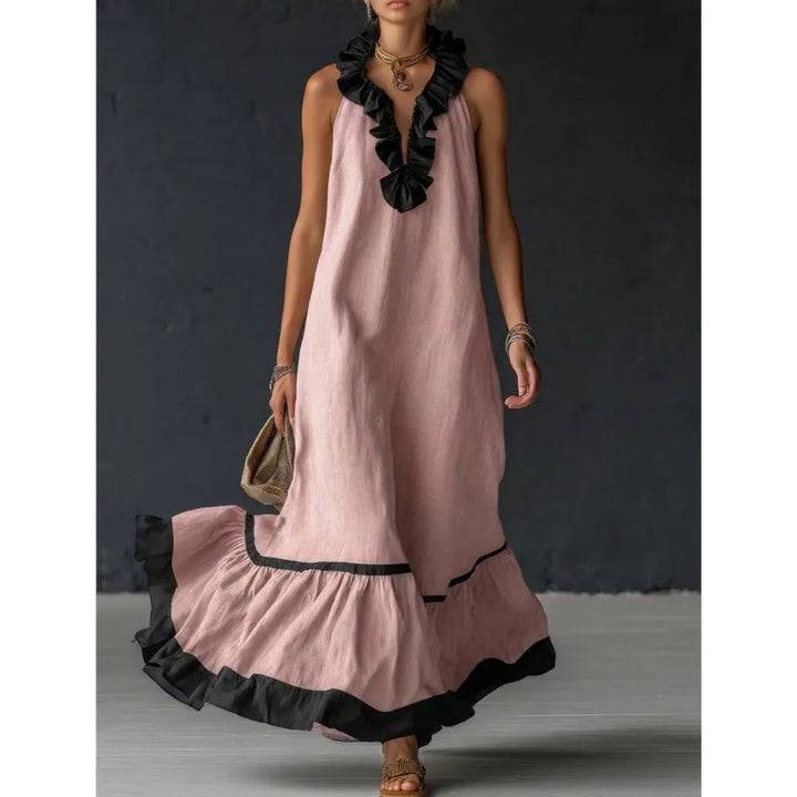 Fashion Patchwork Maxi Dress for Woman V Neck Stringy Selvedge Ruffle Flowy Long Dresses 2026 Summer Beach Vacation Sundress
