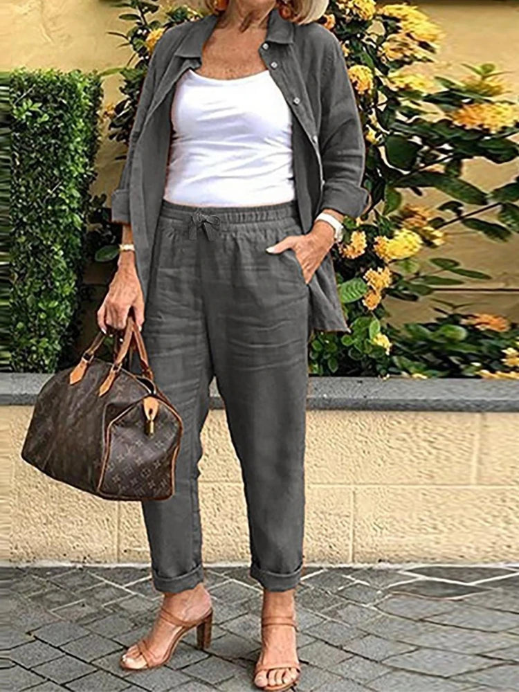 Cotton Linen Set Women Spring Summer Loose Oversize Long Sleeve Shirt Long Pants 2 Piece Sets Casual Office Ladies Trousers Suit