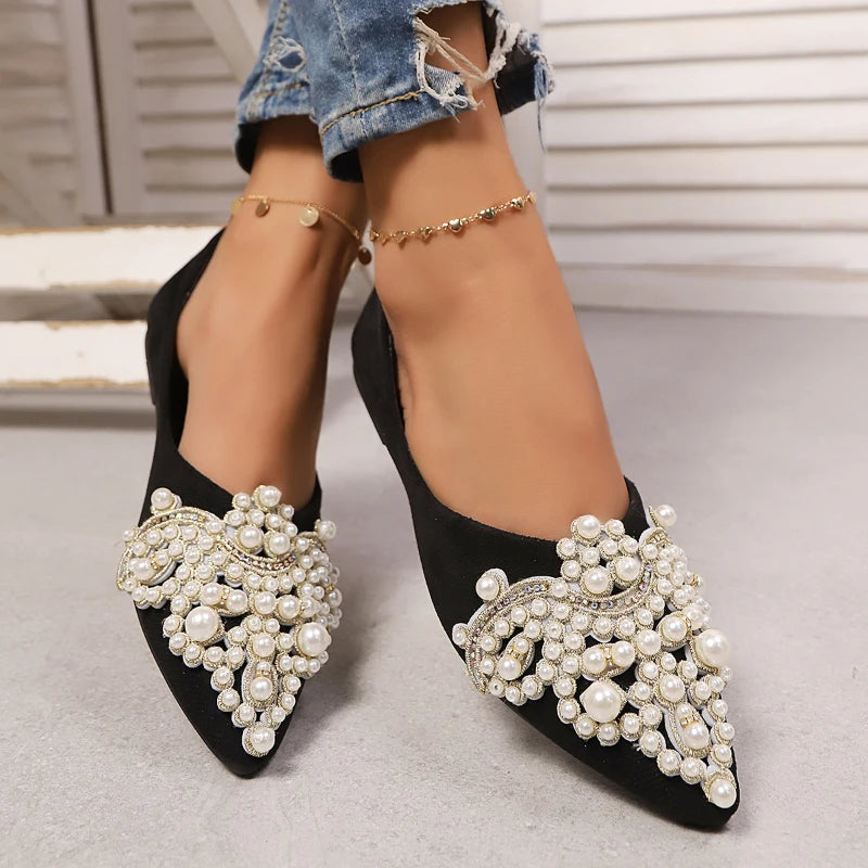 Chic Women Ballet Flats Rhinestone Elegant Black Shoes for Women Fashion Shallow Ladies Causal Performance Loafers Pointed-toe